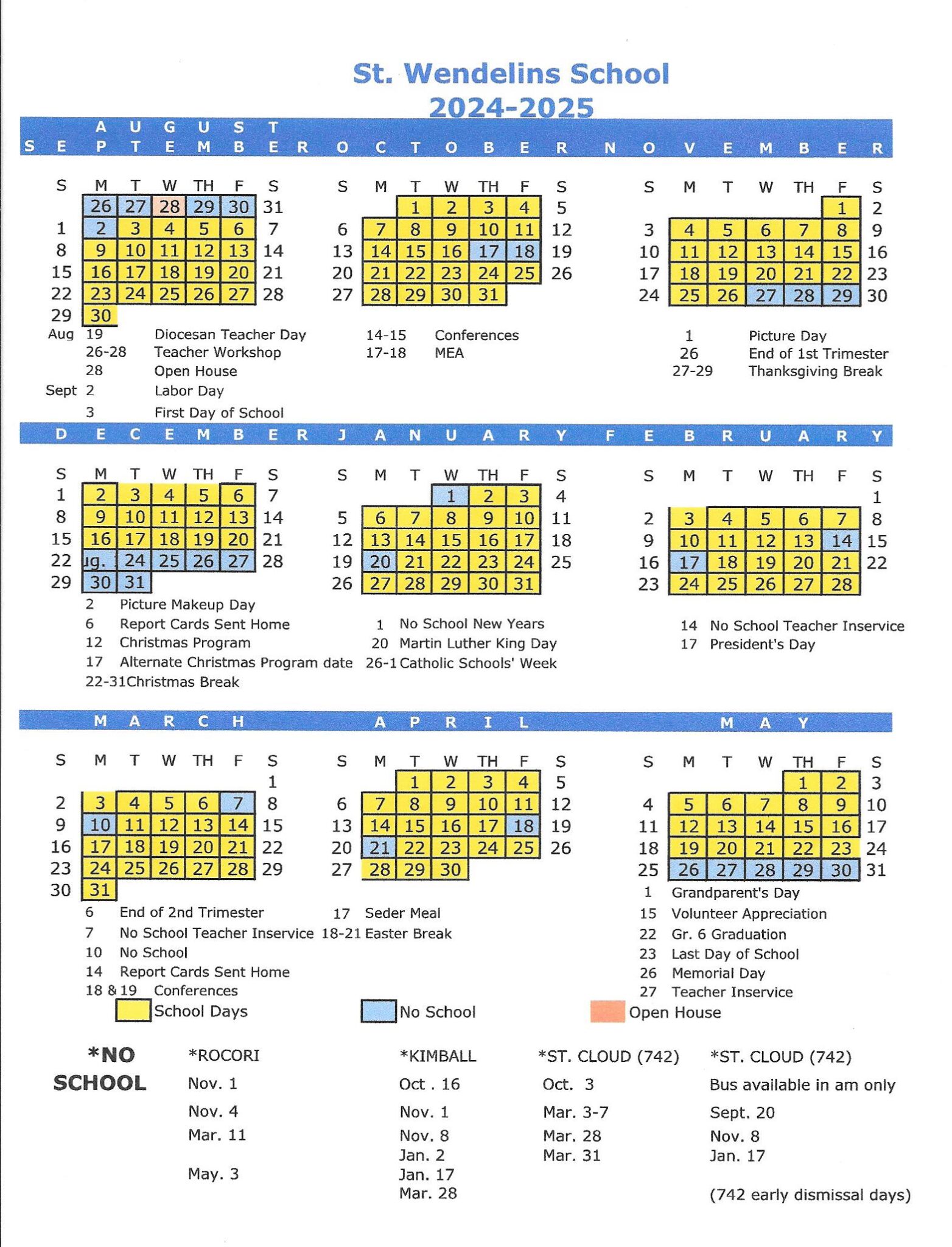 Academic Calendar St. Wendelin's Catholic School